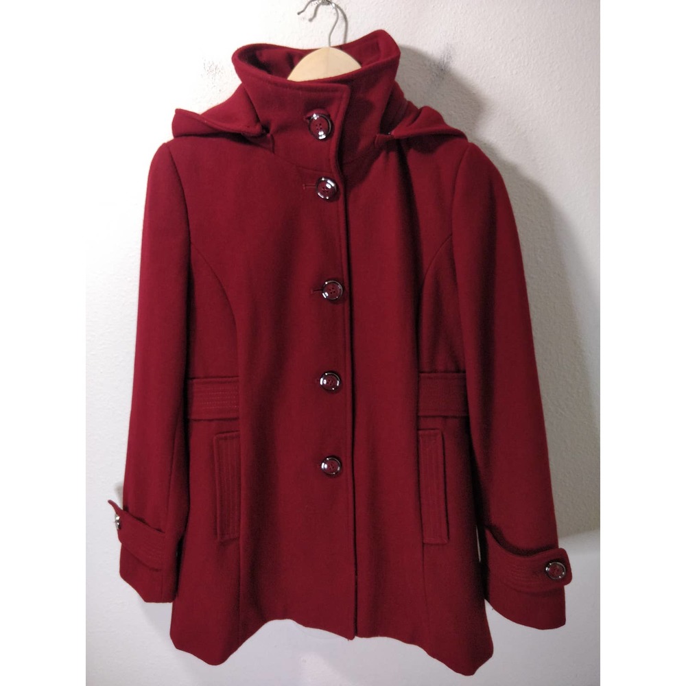 Kenneth Cole Reaction Wine Red Long Wool Blend Hooded Button Pea Coat Size 8